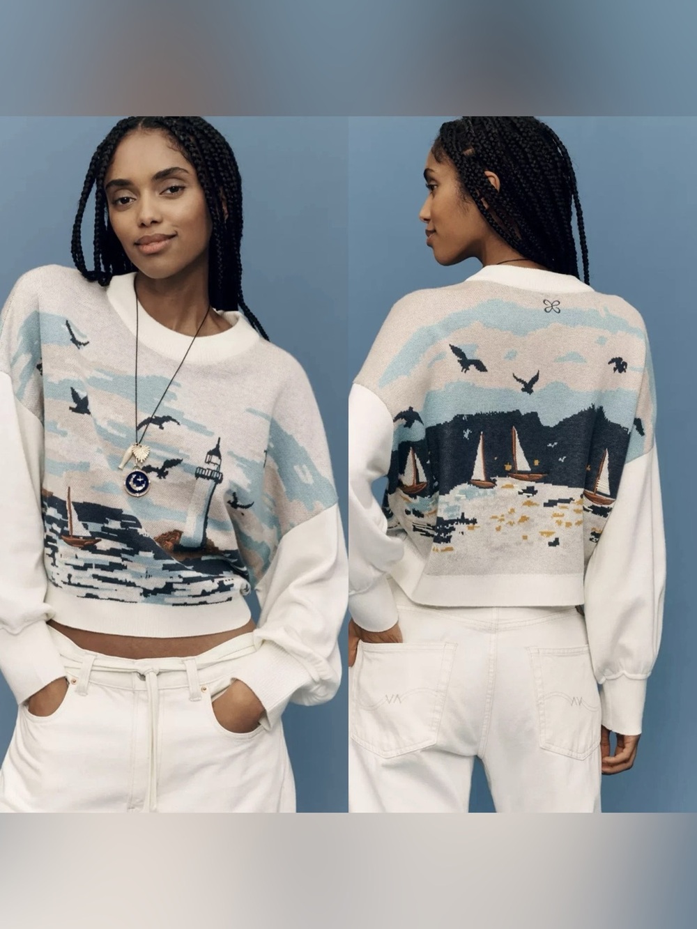 Maeve Nautical Scene Anthropologie XS Lighthouse Intarsia Sweater Coastal
